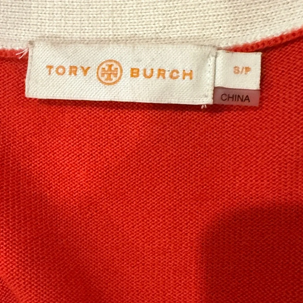 Tory Burch Merino Wool Cardigan Red Cream Trim Gold Logo Buttons Size S
